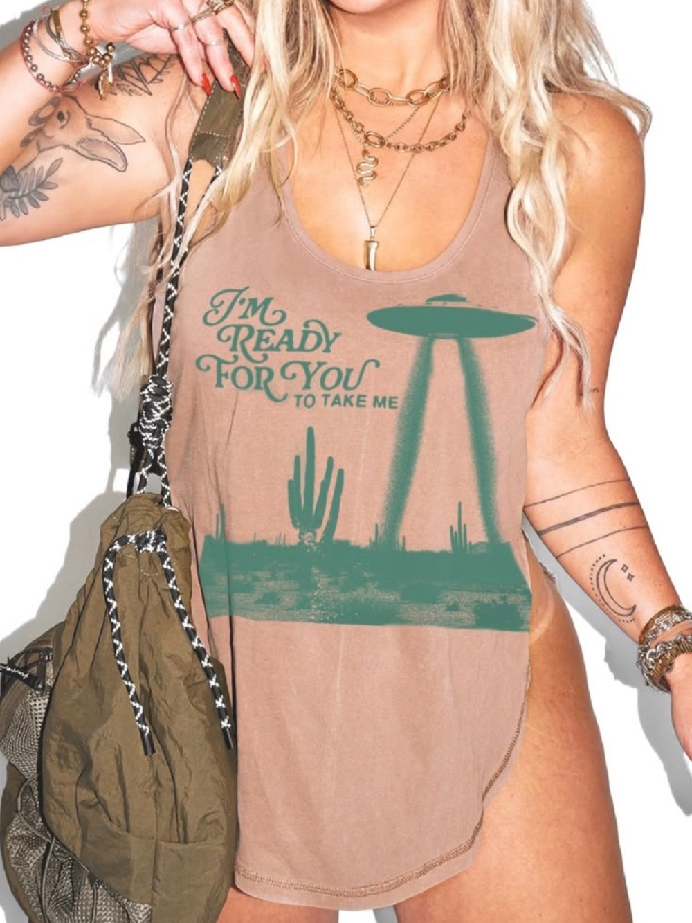 Women's Boyfriend Fit Muscle Graphic Tank with Teal Desert Print